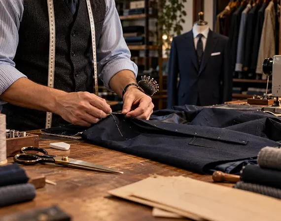 Professional clothing alterations being performed on pants at Hun's Tailors in Irving, TX
