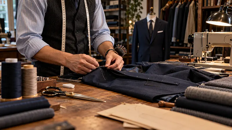 Professional clothing alterations being performed on pants at Hun's Tailors in Irving, TX